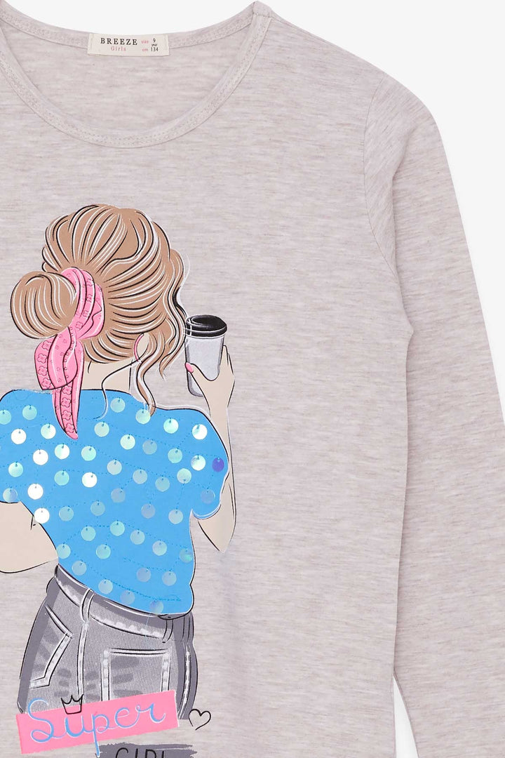 BRE Breeze Girl's T-shirt with Sequined Girl Print, 94 Years, Beige Melange - Fullerton