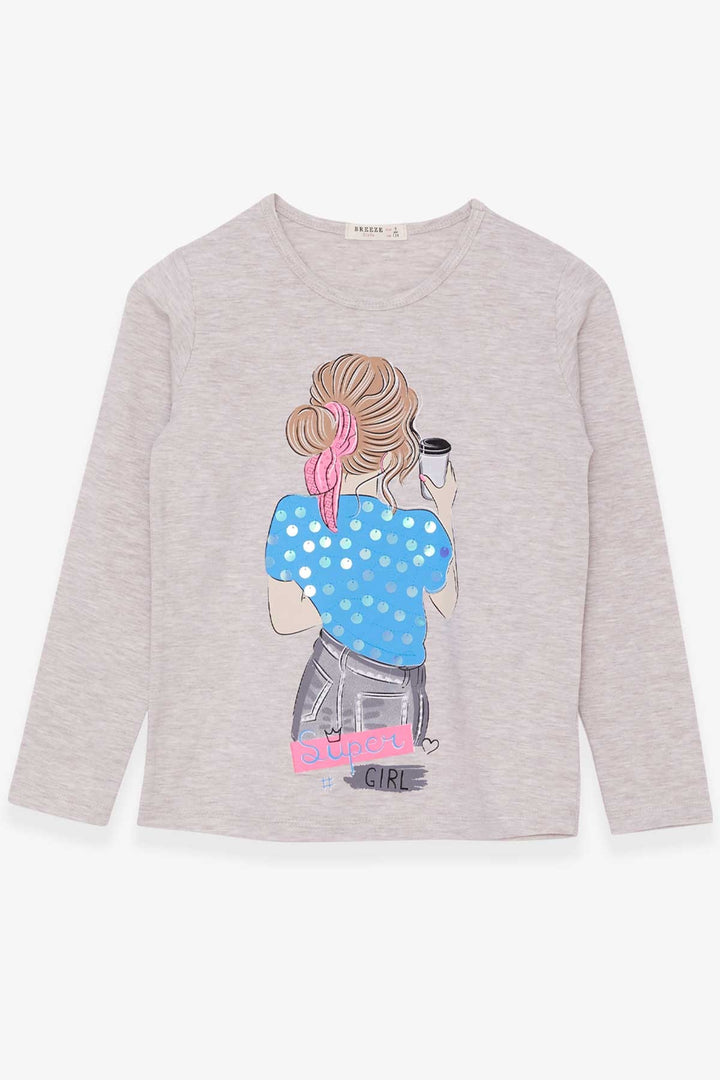 BRE Breeze Girl's T-shirt with Sequined Girl Print, 94 Years, Beige Melange - Fullerton