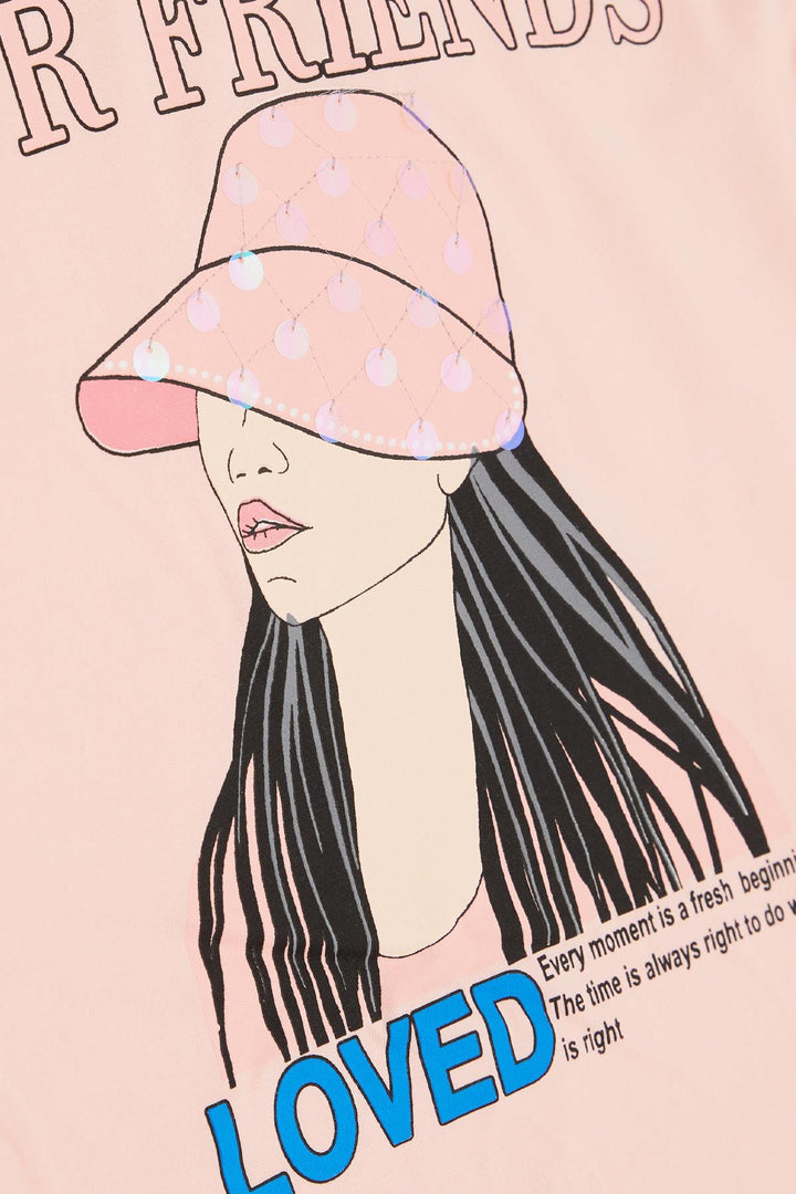 BRE Breeze Girl's T-shirt with Sequined Hat Print for Girls 82 Years, Salmon - Gotha