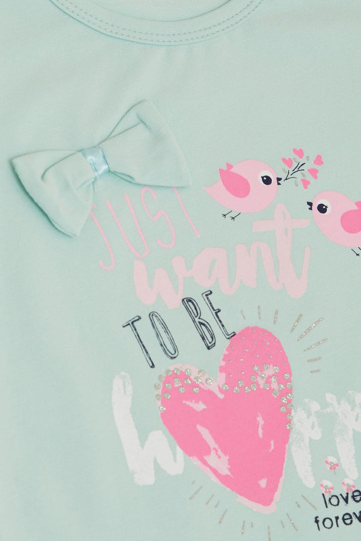 BRE Breeze Girl's T-Shirt Cute Bird Printed Heart 1-4 Years, Aqua Green - Gütersloh