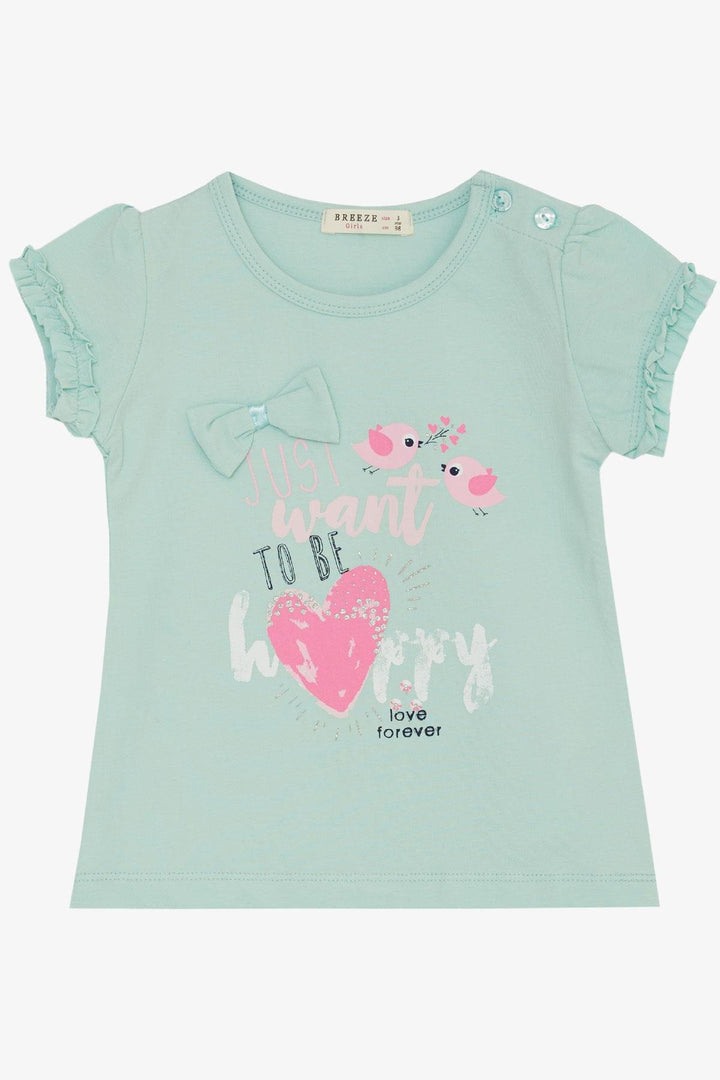 BRE Breeze Girl's T-Shirt Cute Bird Printed Heart 1-4 Years, Aqua Green - Gütersloh
