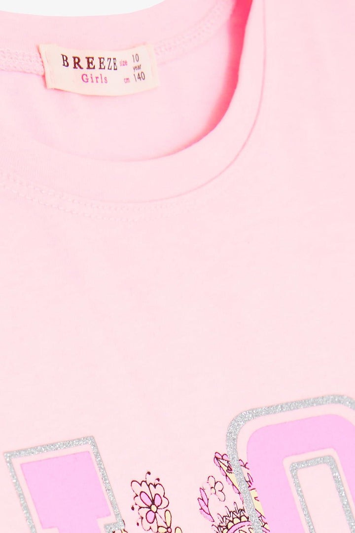 BRE Breeze Girl's T-Shirt with Glittery Text Flower Print 106 Years, Neon Pink - Stourbridge