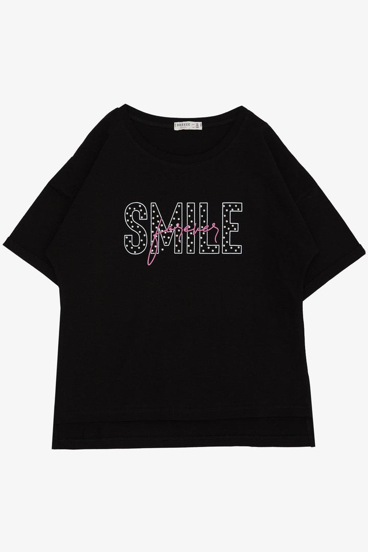 BRE Breeze Girl's T-Shirt with Smile Print and Rhinestones, 96 Years, Black - Ciudad Madero