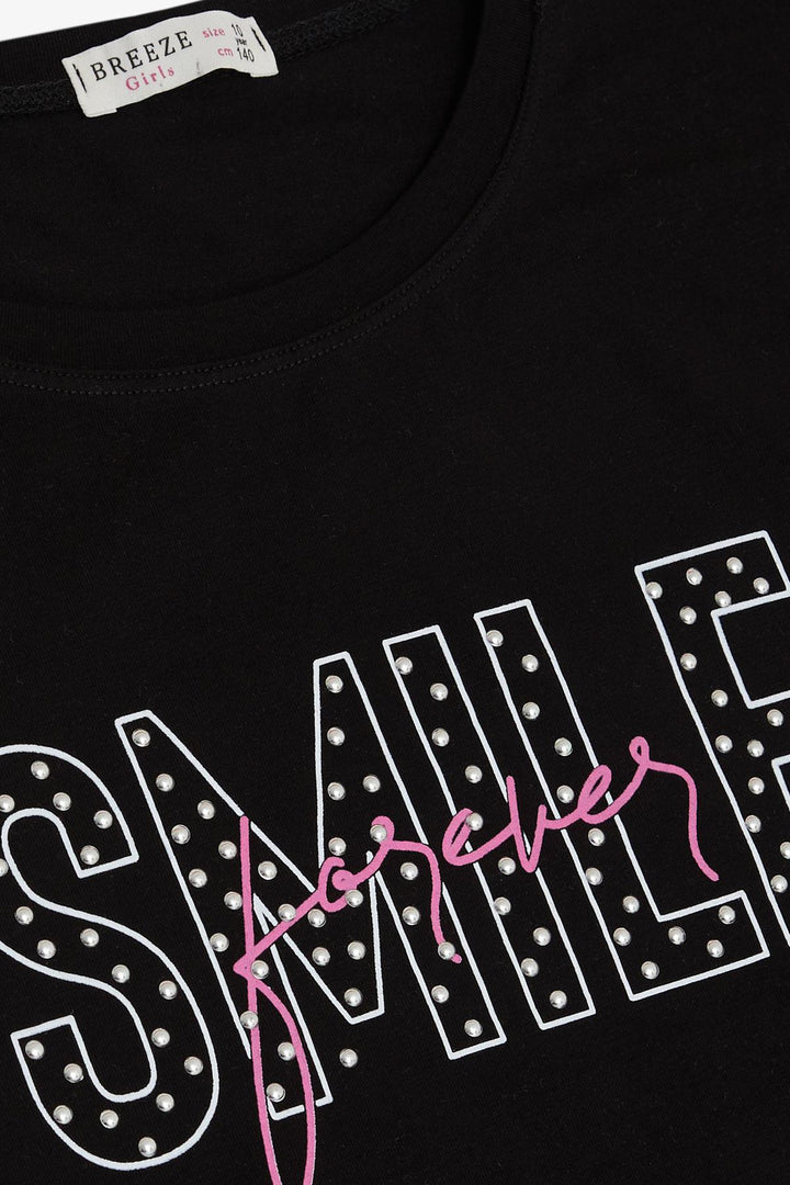 BRE Breeze Girl's T-Shirt with Smile Print and Rhinestones, 96 Years, Black - Ciudad Madero