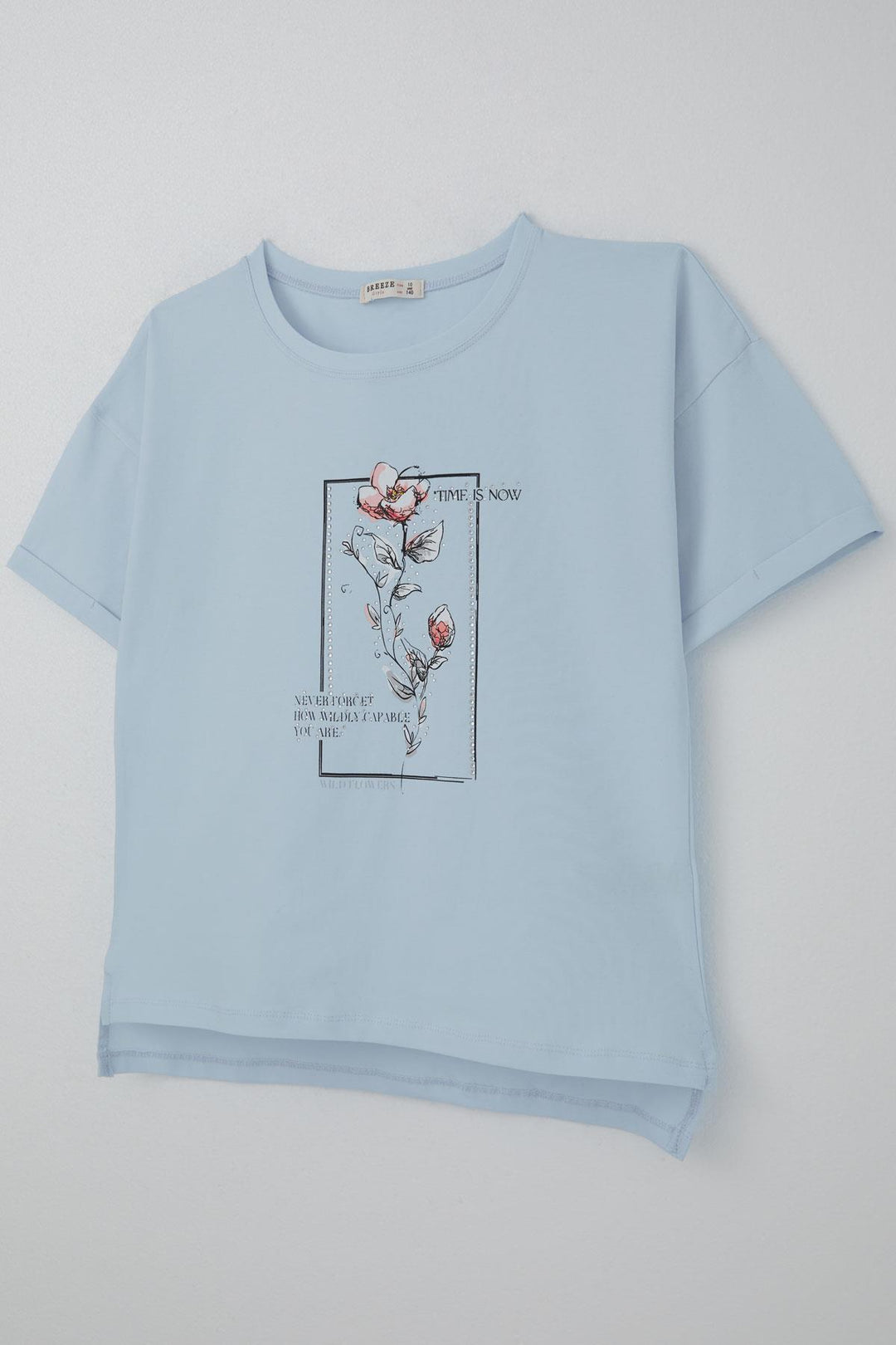 BRE Breeze Girl's T-Shirt with Stone Accessories Flower Printed 96 Years, Light Blue - Shawinigan