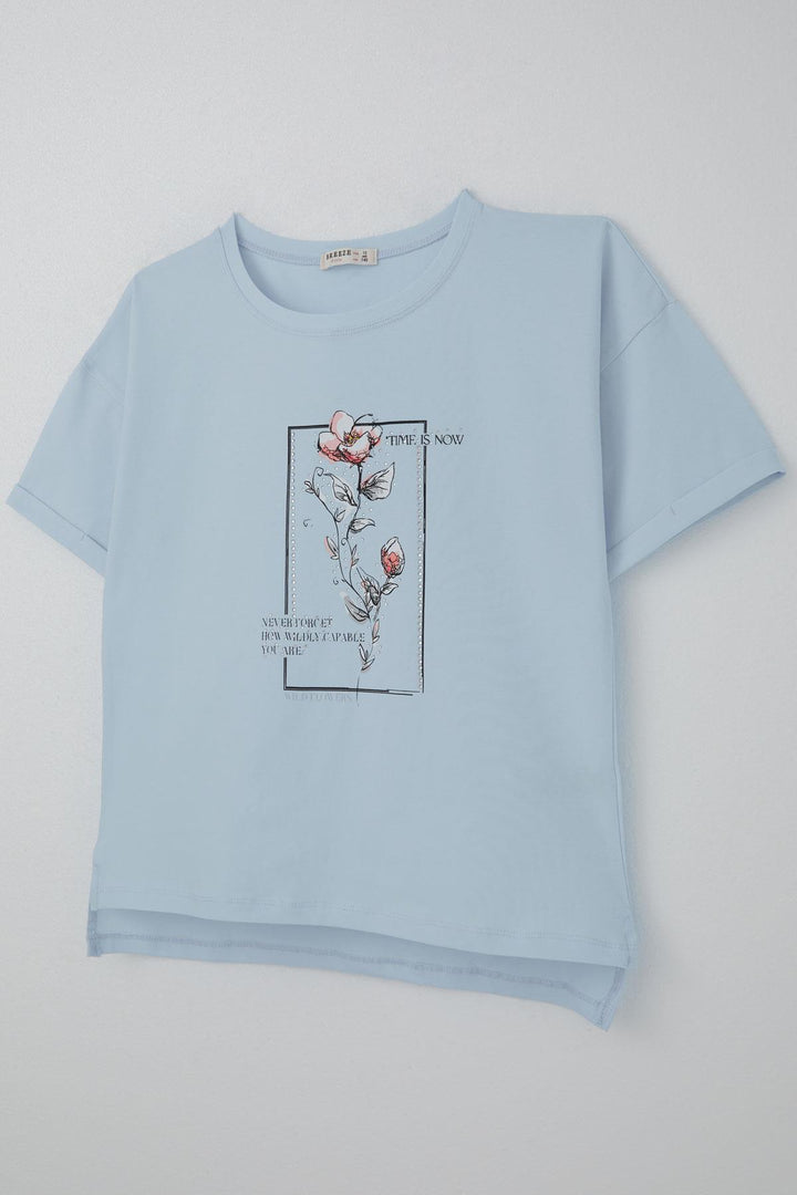 BRE Breeze Girl's T-Shirt with Stone Accessories Flower Printed 96 Years, Light Blue - Shawinigan