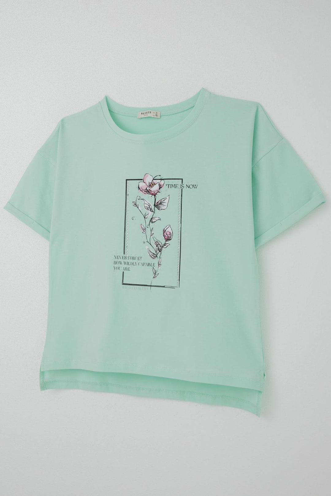 BRE Breeze Girl's T-shirt with Stone Accessories Flower Printed 96 Years, Aqua Green - Dudley