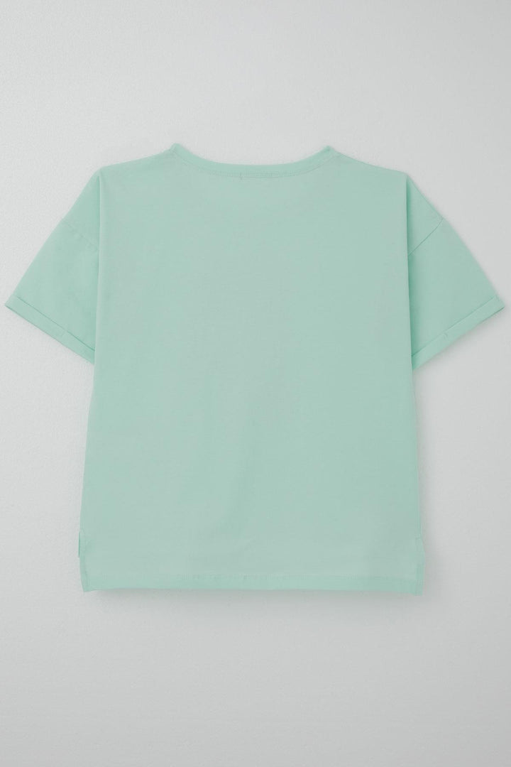 BRE Breeze Girl's T-shirt with Stone Accessories Flower Printed 96 Years, Aqua Green - Dudley