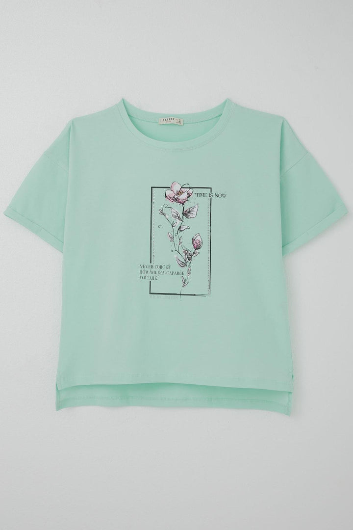 BRE Breeze Girl's T-shirt with Stone Accessories Flower Printed 96 Years, Aqua Green - Dudley