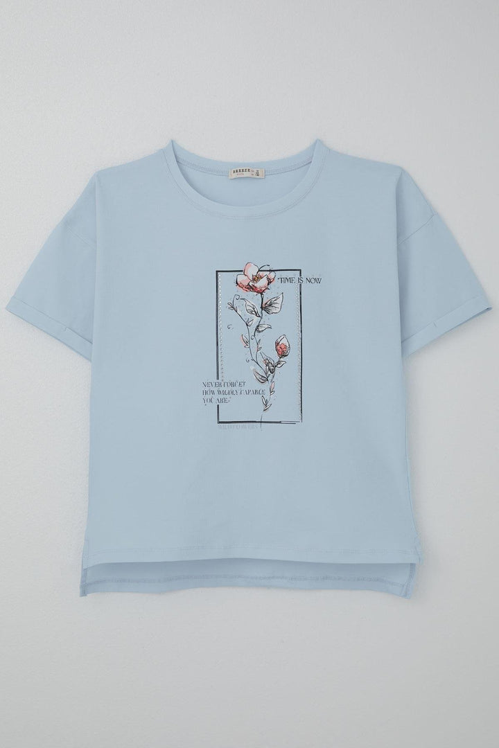 BRE Breeze Girl's T-Shirt with Stone Accessories Flower Printed 96 Years, Light Blue - Shawinigan
