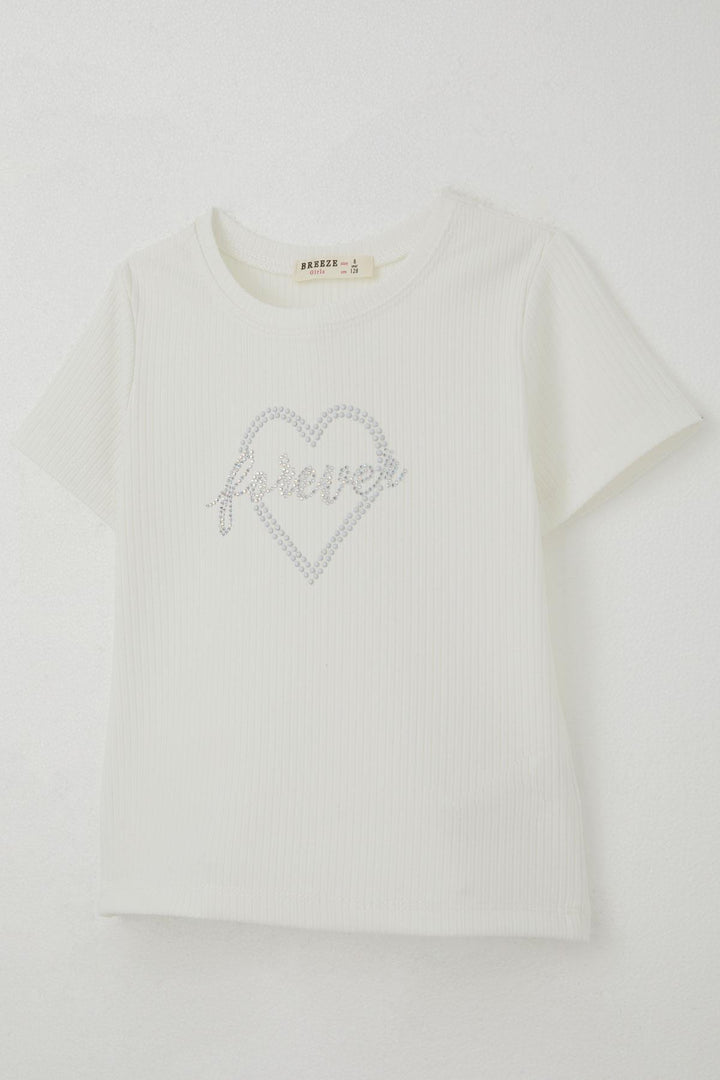 BRE Breeze Girl's T-shirt with Stone Detailed Heart Print, 84 Years, Ecru - Clifton Park