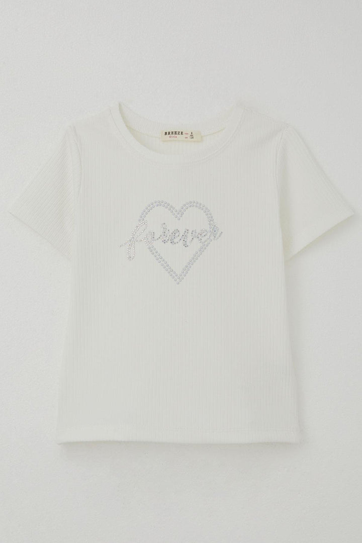 BRE Breeze Girl's T-shirt with Stone Detailed Heart Print, 84 Years, Ecru - Clifton Park