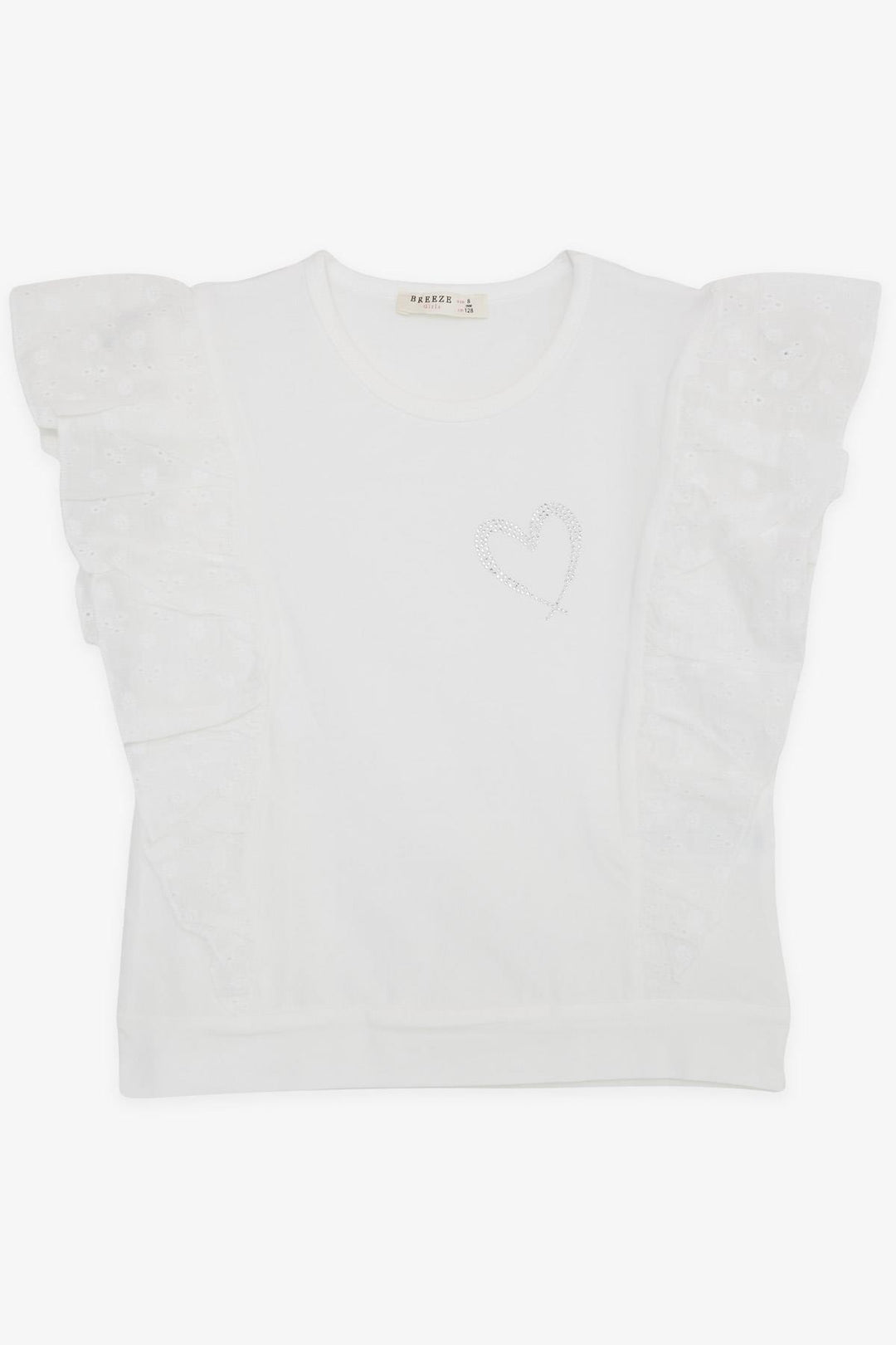 BRE Breeze Girl's T-shirt with Rhinestone Heart Print and Lace, 62 Years, Beige - Lugo