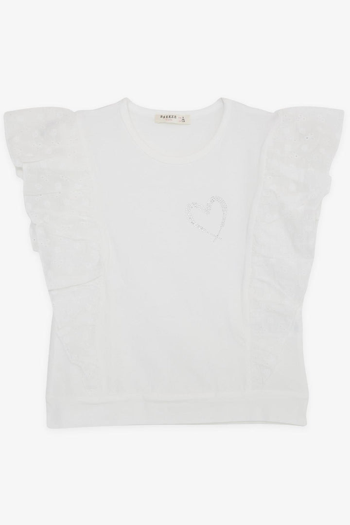 BRE Breeze Girl's T-shirt with Rhinestone Heart Print and Lace, 62 Years, Beige - Lugo