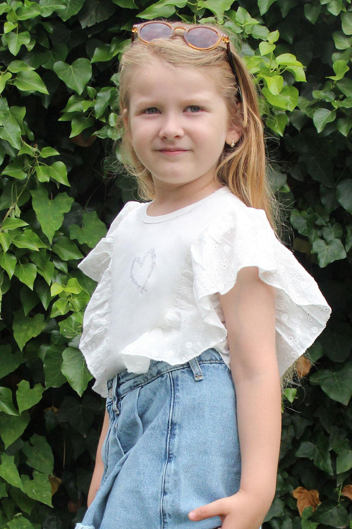 BRE Breeze Girl's T-shirt with Rhinestone Heart Print and Lace, 62 Years, Beige - Lugo