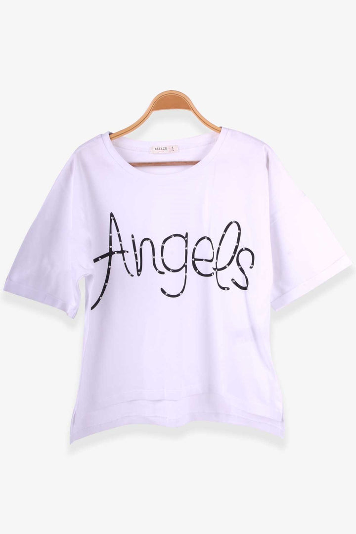 BRE Breeze Girl's T-shirt with Rhinestone Printed Text, 96 Years, White - San Juan Cancuc