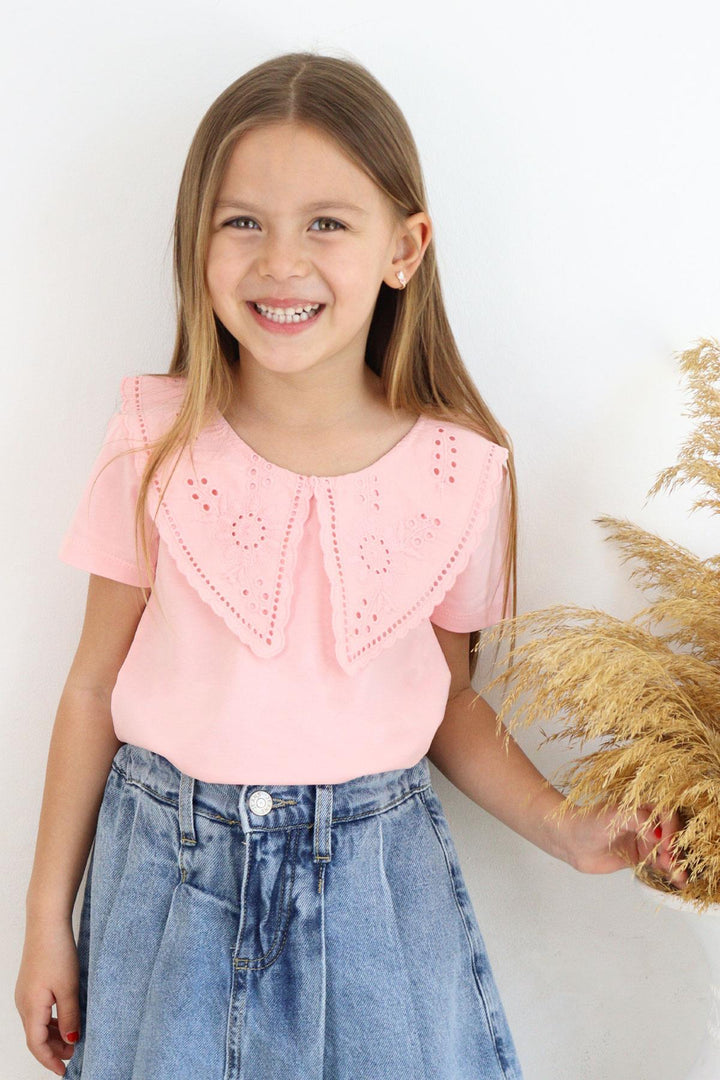 BRE Breeze Girl's T-shirt Collar with Lace Embroidery, 62 Years, Pink - Ercolano
