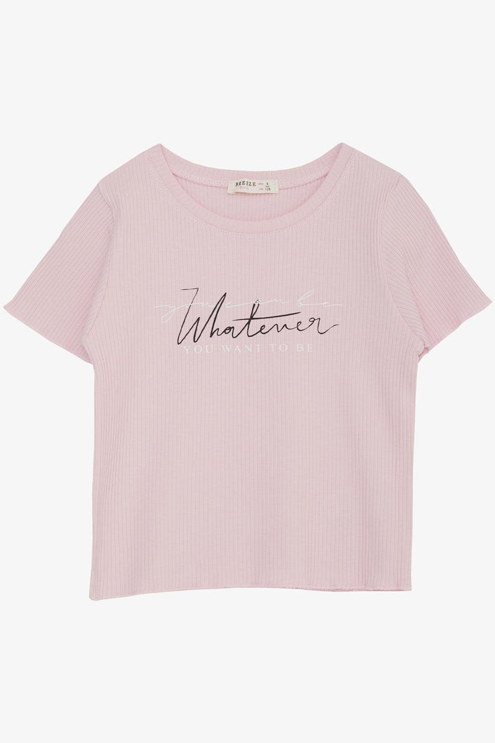 BRE Breeze Girl's T-shirt with Text Print Ribbed 84 Years, Pink - Castricum