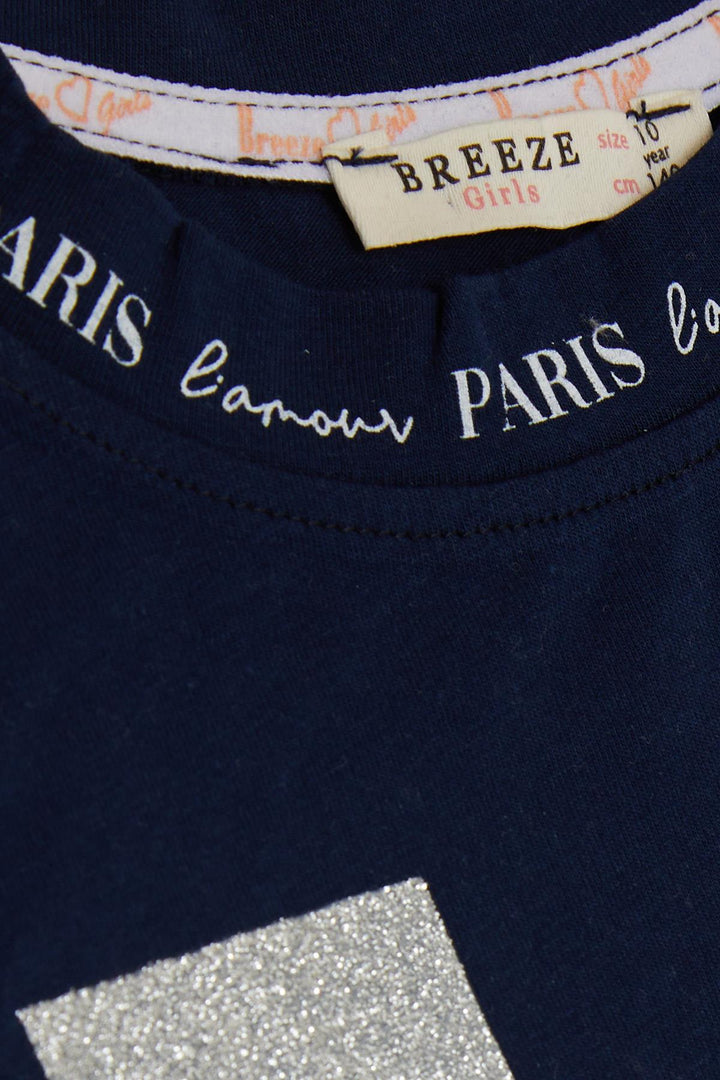 BRE Breeze Girl's T-Shirt with Printed Text, Glittery Sides with Ruffles, 94 Years, Navy Blue - Raalte