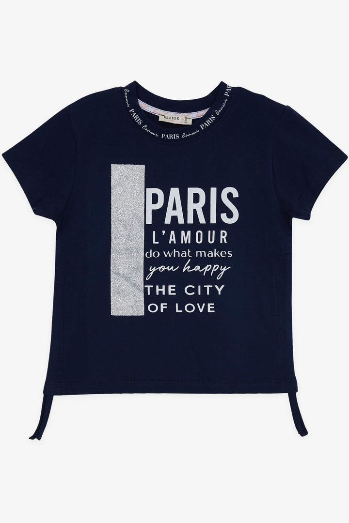 BRE Breeze Girl's T-Shirt with Printed Text, Glittery Sides with Ruffles, 94 Years, Navy Blue - Raalte