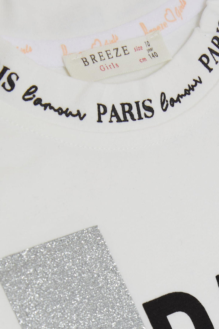 BRE Breeze Girl's T-Shirt with Printed Text, Glittery Sides with Ruffles, 94 Years, Ecru - Sinsheim