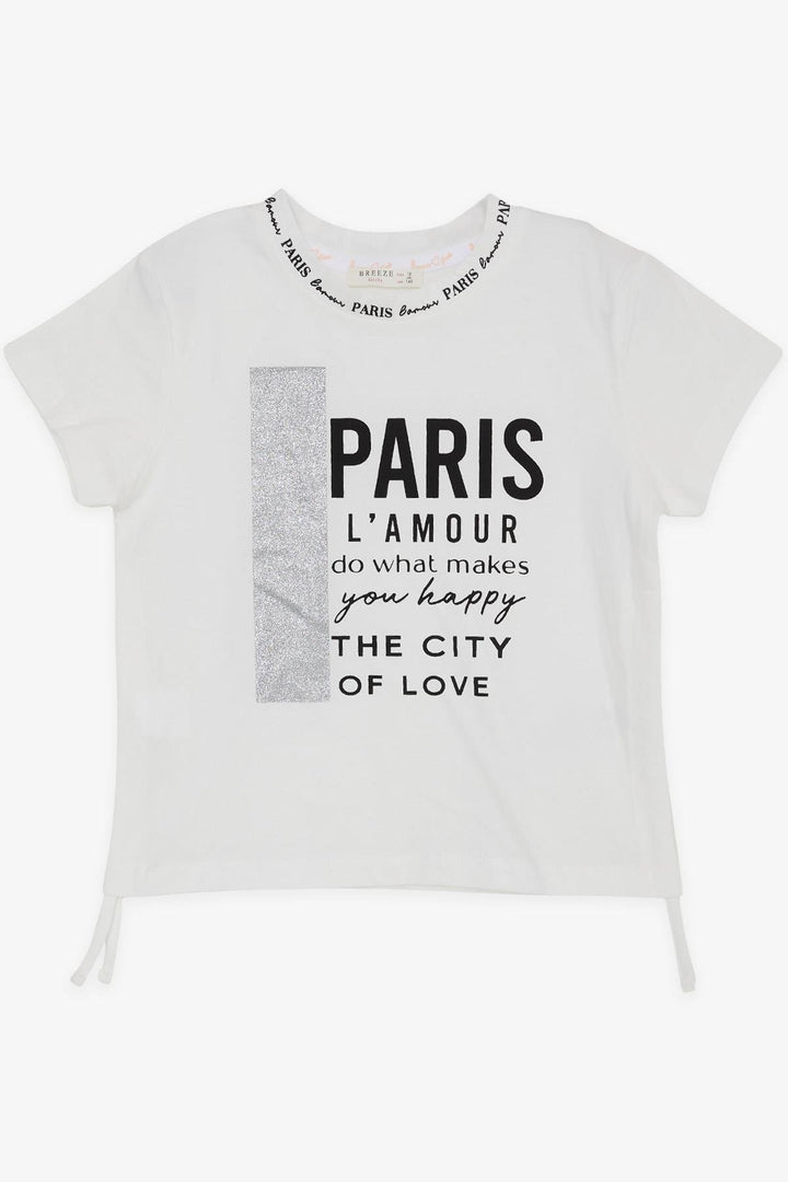 BRE Breeze Girl's T-Shirt with Printed Text, Glittery Sides with Ruffles, 94 Years, Ecru - Sinsheim