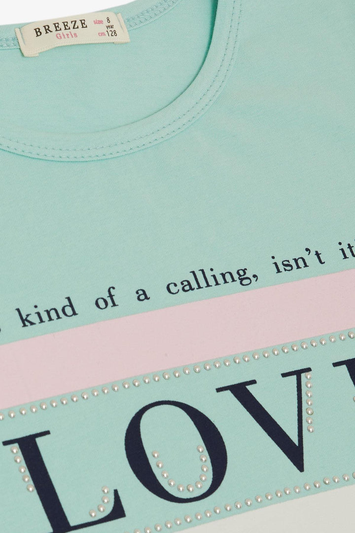 BRE Breeze Girl's T-Shirt with Printed Text and Rhinestones, 84 Years, Aqua Green - Santa Rosa Jauregui
