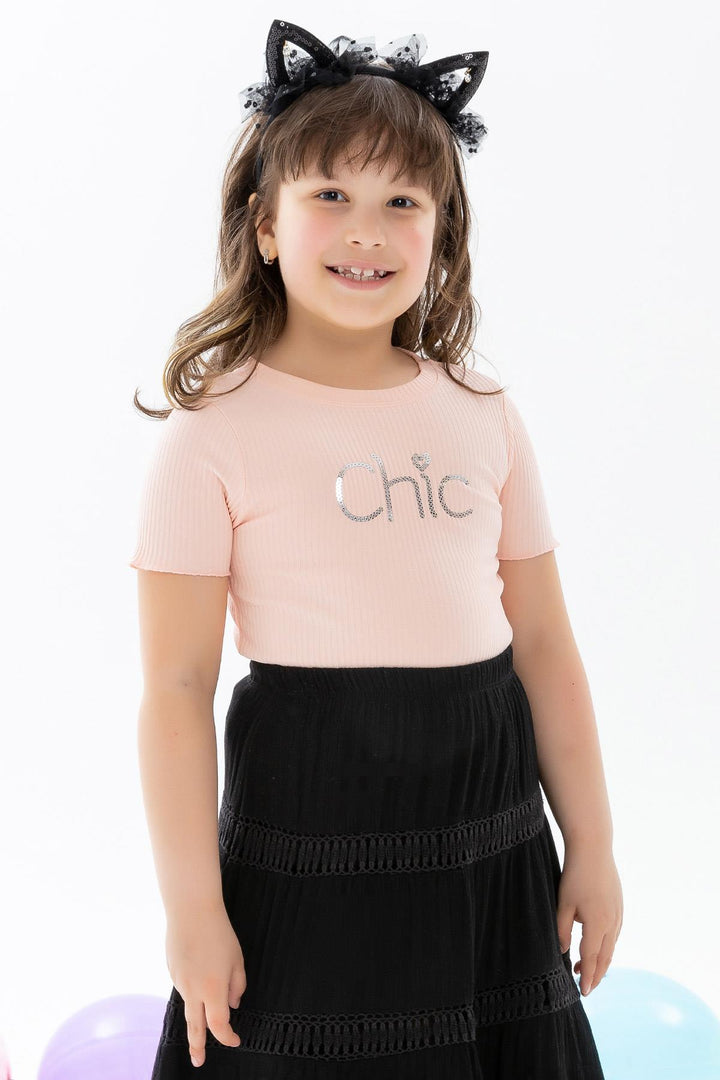 BRE Breeze Girl's T-shirt with Sequins 84 Years, Salmon - Kalinkavichy