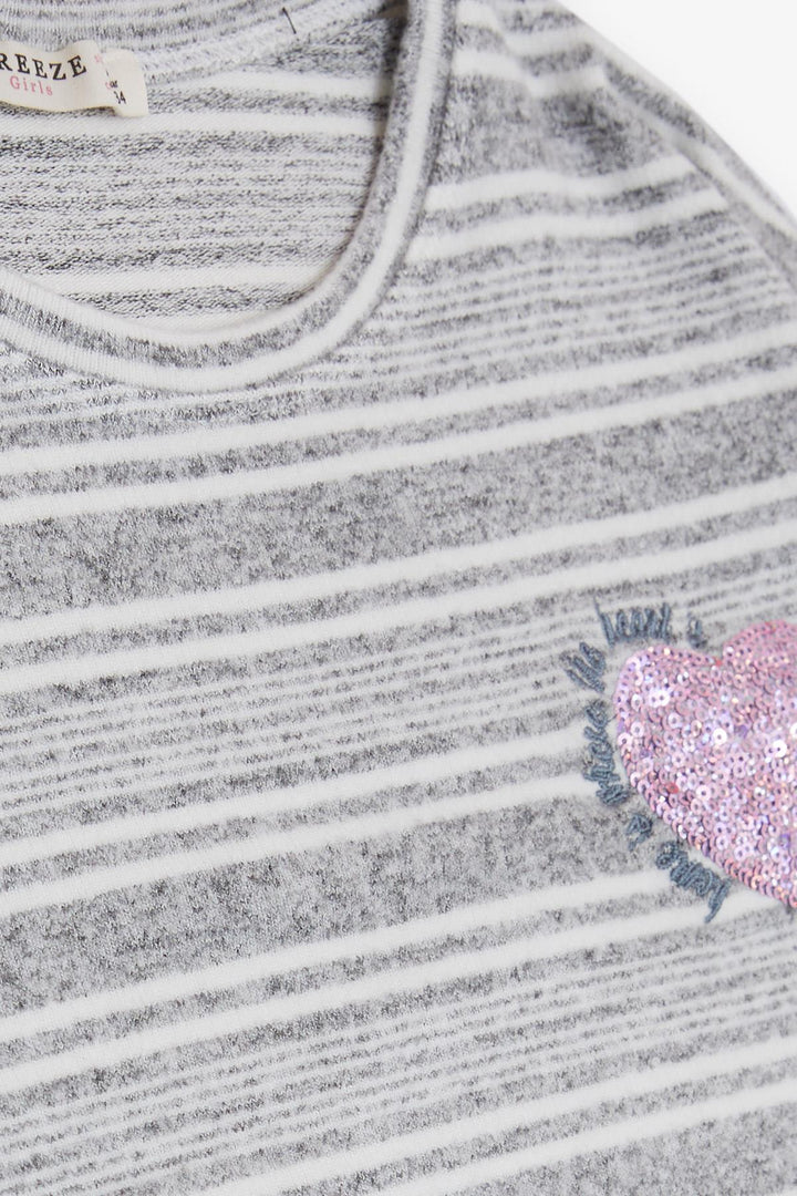 BRE Breeze Girl's Sweater with Sequined Heart Print Embroidered Writing 94 Years, Grey Melange - Gardena