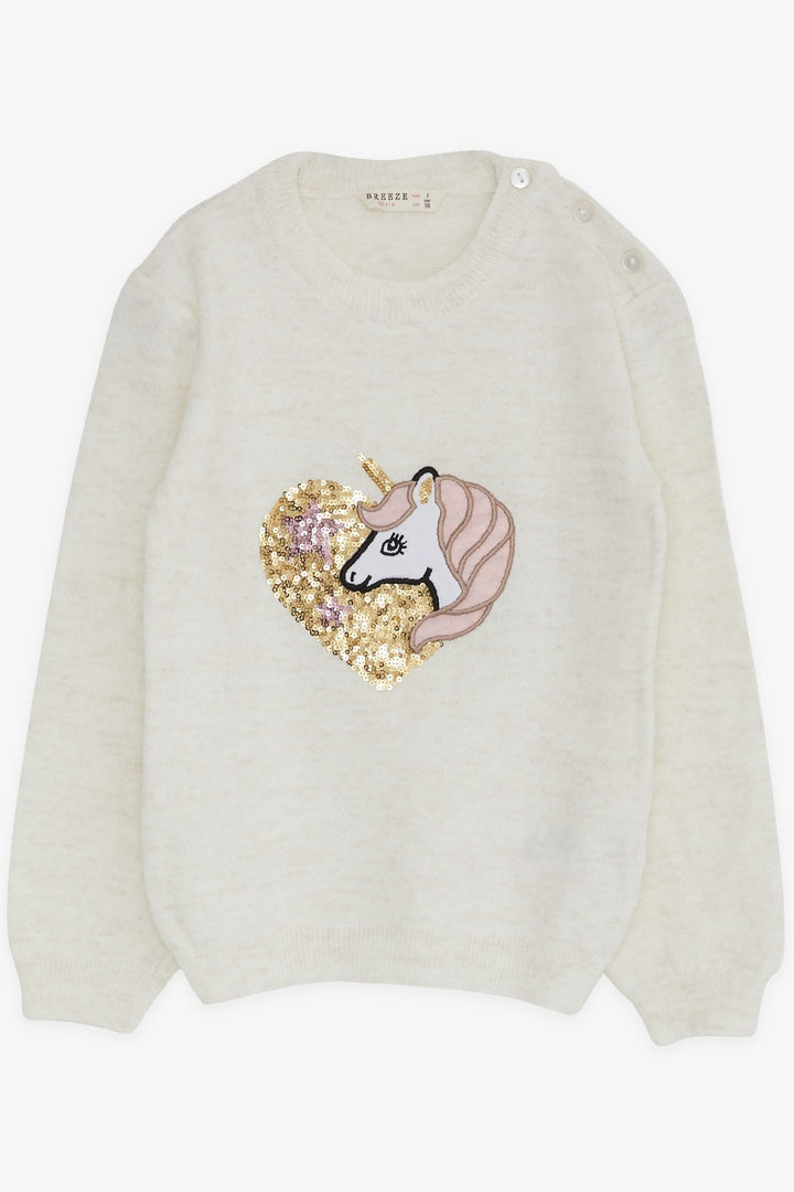 BRE Breeze Girl's Sweater with Sequined Unicorn Print 1.5-5 Years, Beige - Modica