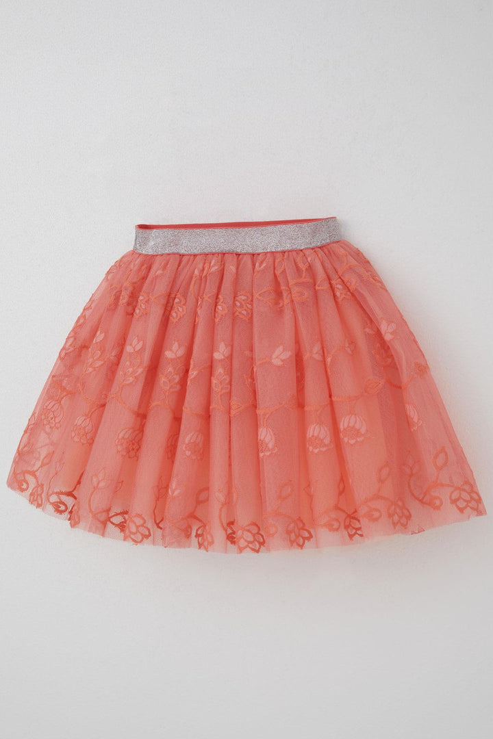 BRE Breeze Girl Child Tutu Skirt with Flower Embroidery Elastic Waistband Glittery 50 Years, Salmon - Bastia