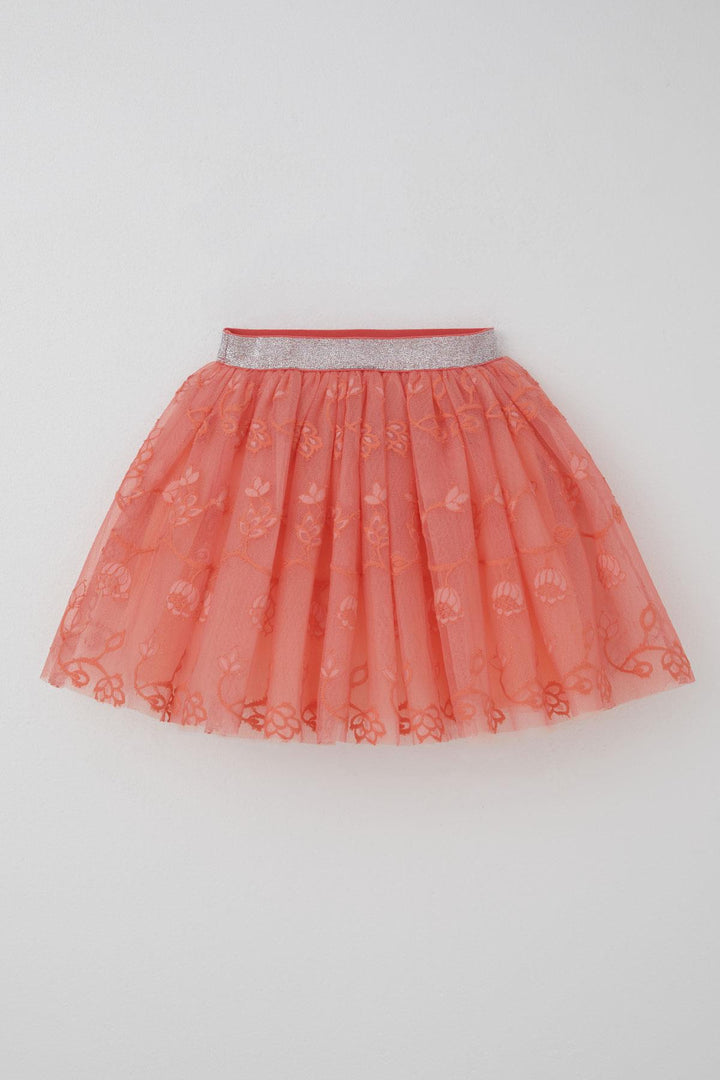 BRE Breeze Girl Child Tutu Skirt with Flower Embroidery Elastic Waistband Glittery 50 Years, Salmon - Bastia