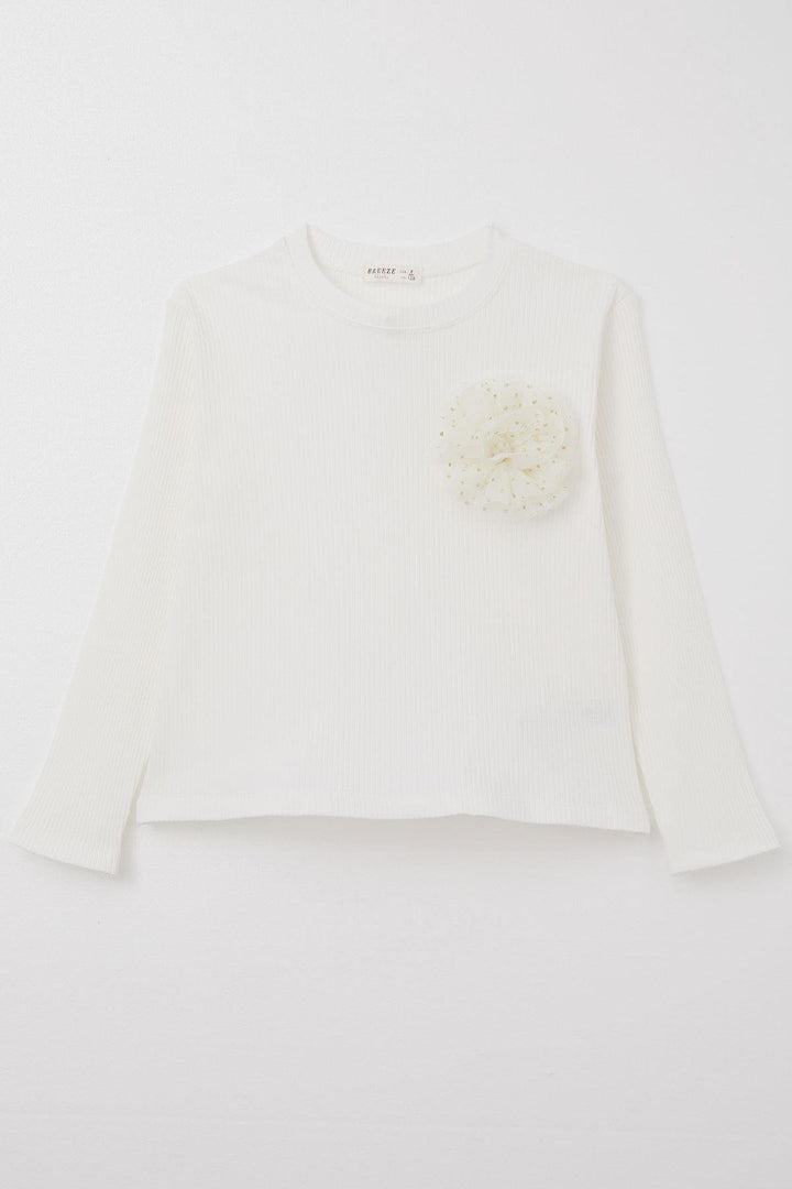 BRE Breeze Girl Child Long Sleeve Blouse with Flower Accessories, 84 Years, Ecru - Santa María Texmelucan