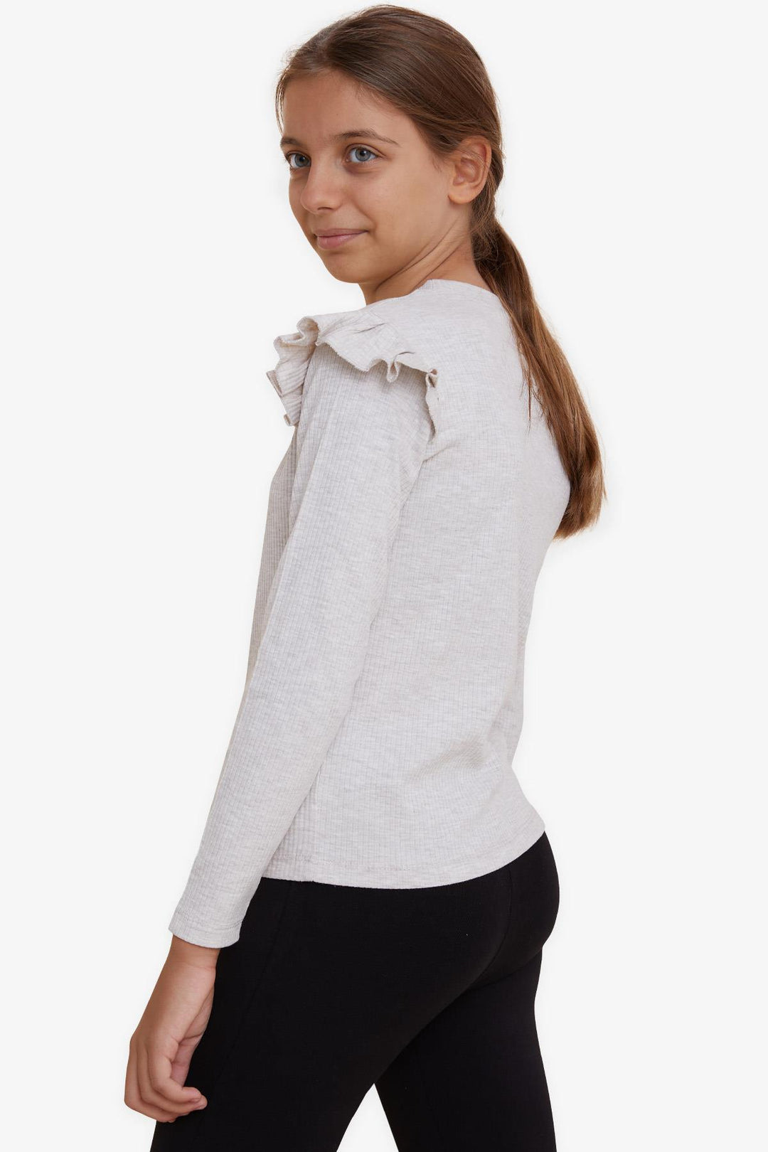 BRE Breeze Girl Child Long Sleeve Blouse with Ruffle Detail on Shoulders, 84 Years, Beige Melange - Podujevë