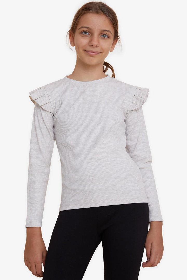 BRE Breeze Girl Child Long Sleeve Blouse with Ruffle Detail on Shoulders, 84 Years, Beige Melange - Podujevë