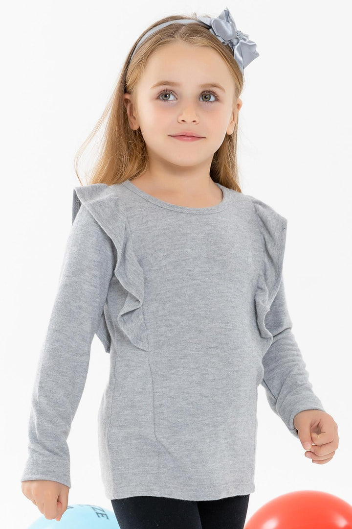 BRE Breeze Girl Child Long Sleeve Blouse with Frilled Shoulders, Gray, 3-8 Years - Zaanstad