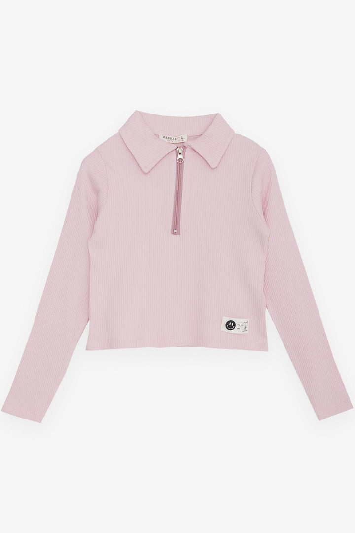 BRE Breeze Girl Child Long Sleeve Crop T-Shirt Polo Neck Half Zip Smiley Face Logo 84 Years, Pink - Grove City