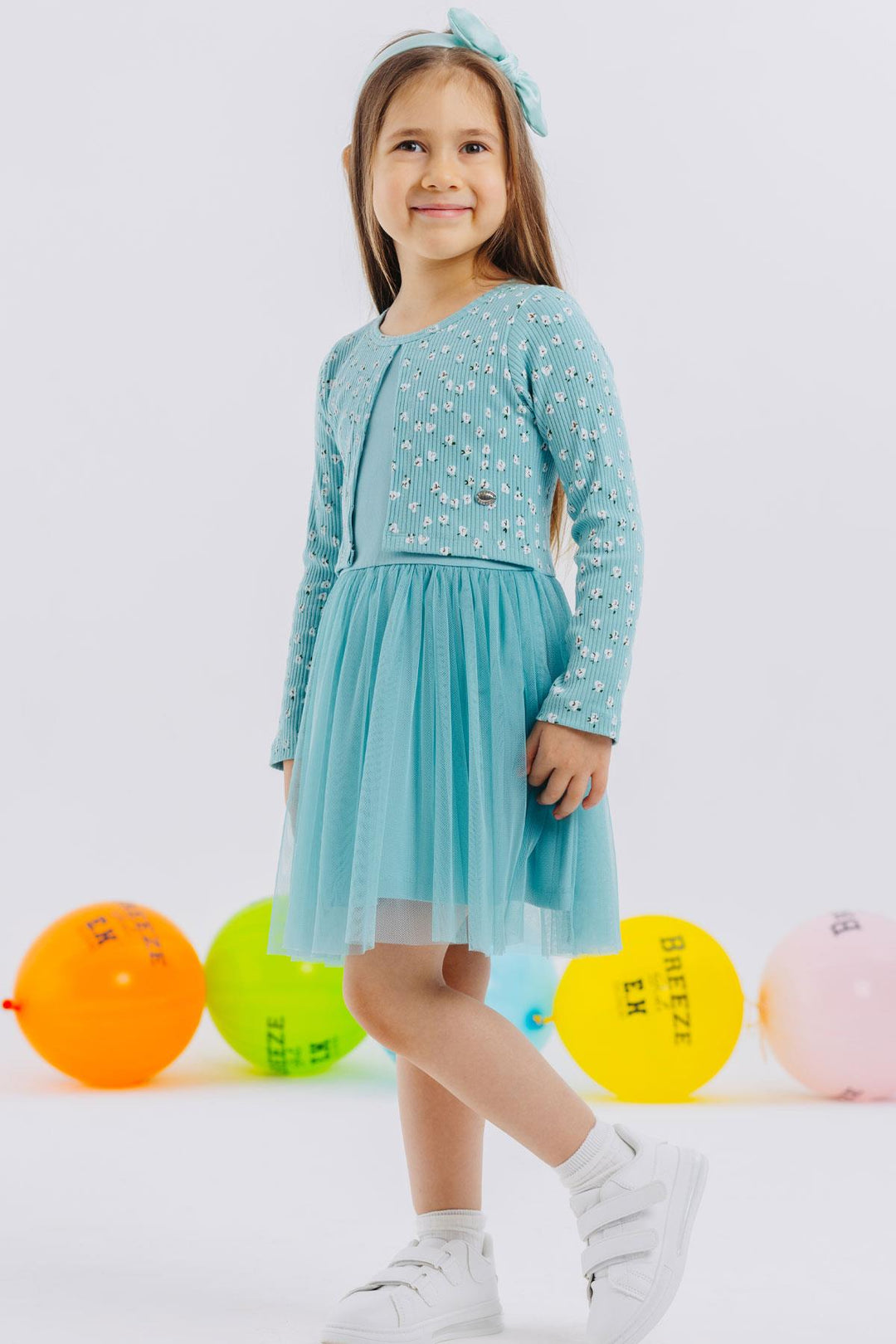 BRE Breeze Girl Child Long Sleeve Overall with Tulle Flower Pattern, 3-8 Years, Aqua Green - Huebampo