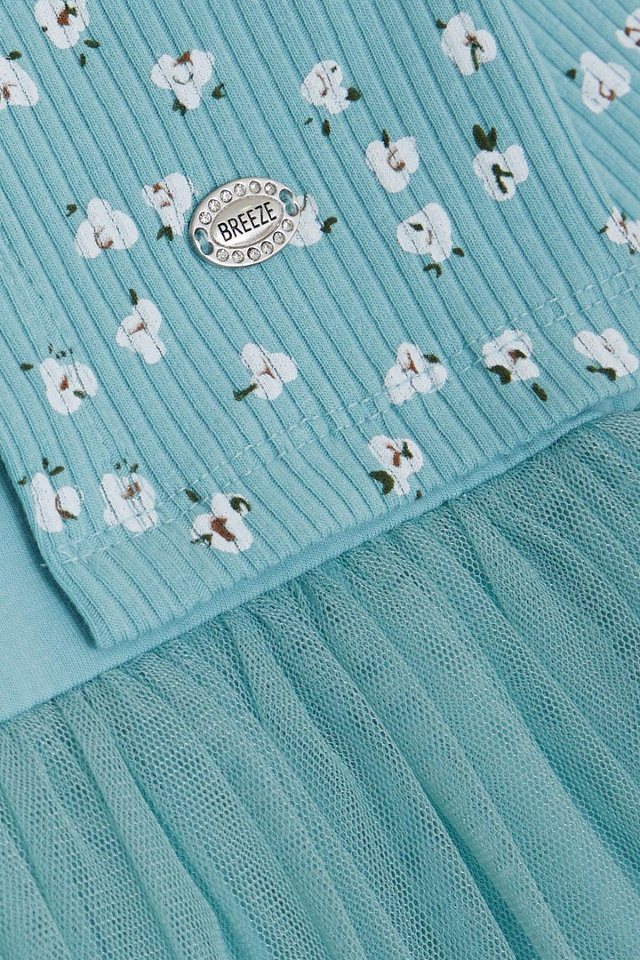 BRE Breeze Girl Child Long Sleeve Overall with Tulle Flower Pattern, 3-8 Years, Aqua Green - Huebampo