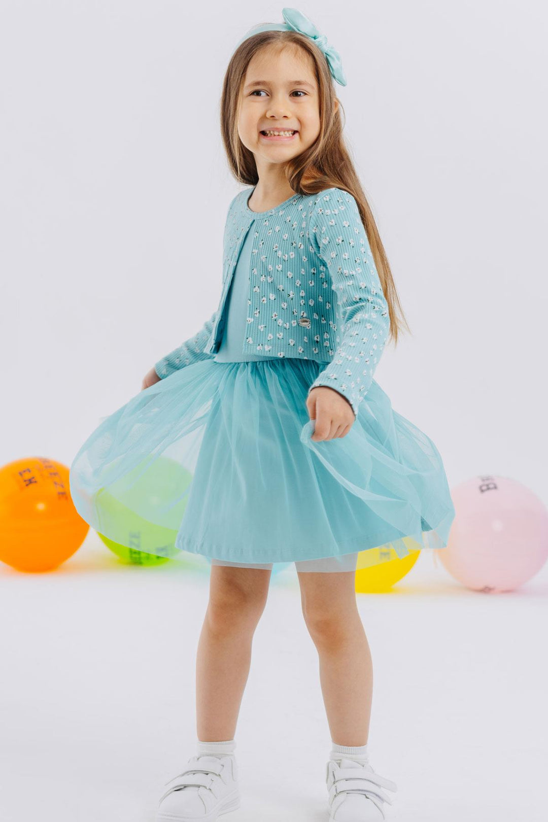 BRE Breeze Girl Child Long Sleeve Overall with Tulle Flower Pattern, 3-8 Years, Aqua Green - Huebampo