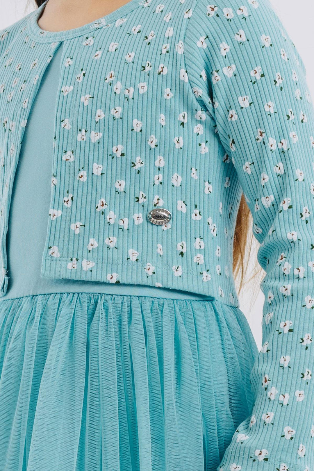 BRE Breeze Girl Child Long Sleeve Overall with Tulle Flower Pattern, 3-8 Years, Aqua Green - Huebampo