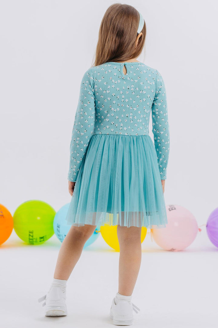 BRE Breeze Girl Child Long Sleeve Overall with Tulle Flower Pattern, 3-8 Years, Aqua Green - Huebampo