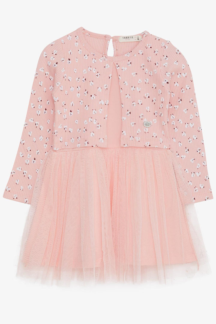 BRE Breeze Girl Child Long Sleeve Dress with Tulle Flower Pattern, 3-8 Years, Salmon - Ipswich