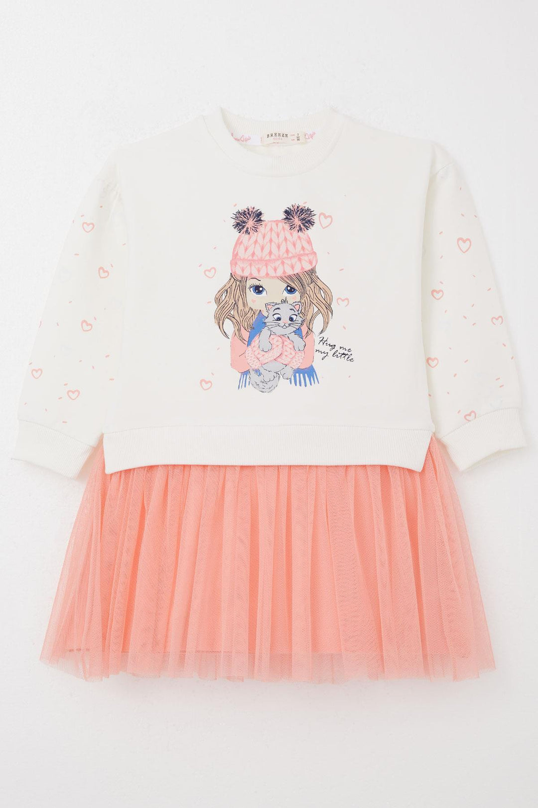 BRE Breeze Girl Child Long Sleeve Dress Friend Themed Heart Patterned Sleeves 2-6 Years, Ecru - Perth