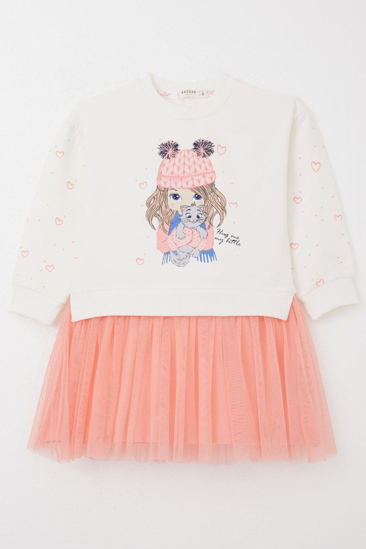 BRE Breeze Girl Child Long Sleeve Dress Friend Themed Heart Patterned Sleeves 2-6 Years, Ecru - Perth