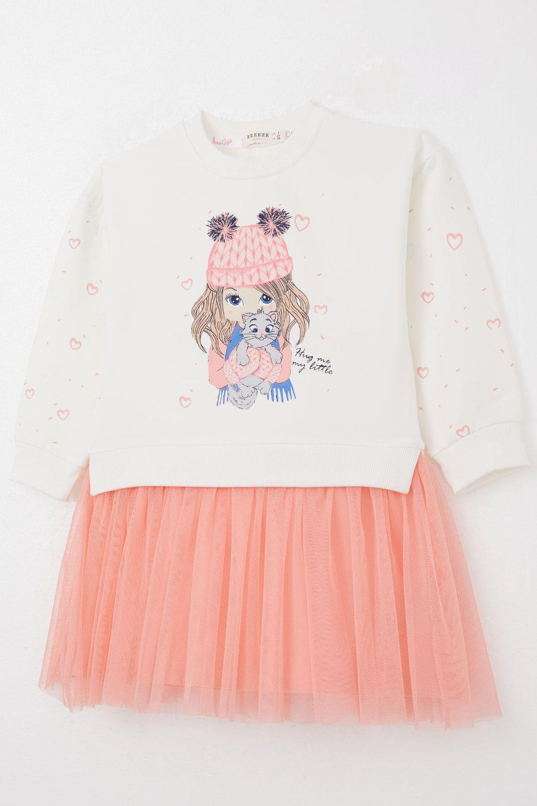 BRE Breeze Girl Child Long Sleeve Dress Friend Themed Heart Patterned Sleeves 2-6 Years, Ecru - Perth