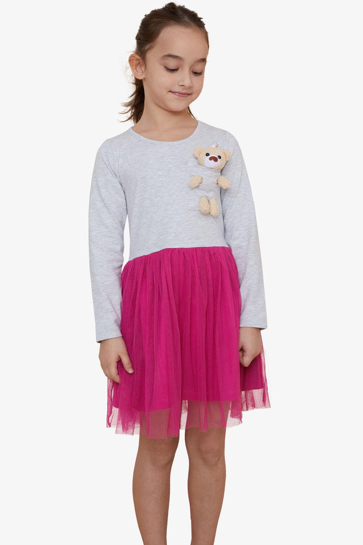 BRE Breeze Girl Child Long Sleeve Dress with Bear Accessory, 3-8 Years, Light Grey Melange - West Covina