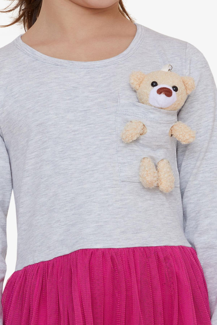 BRE Breeze Girl Child Long Sleeve Dress with Bear Accessory, 3-8 Years, Light Grey Melange - West Covina