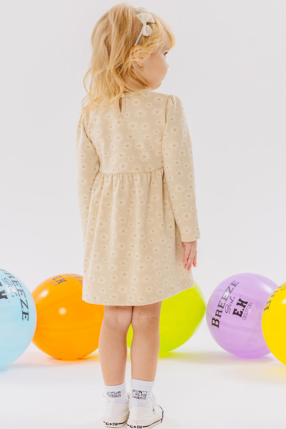 BRE Breeze Girl Child Long Sleeve Dress with Pockets Floral Patterned 1.5-5 Years, Cream - Romny