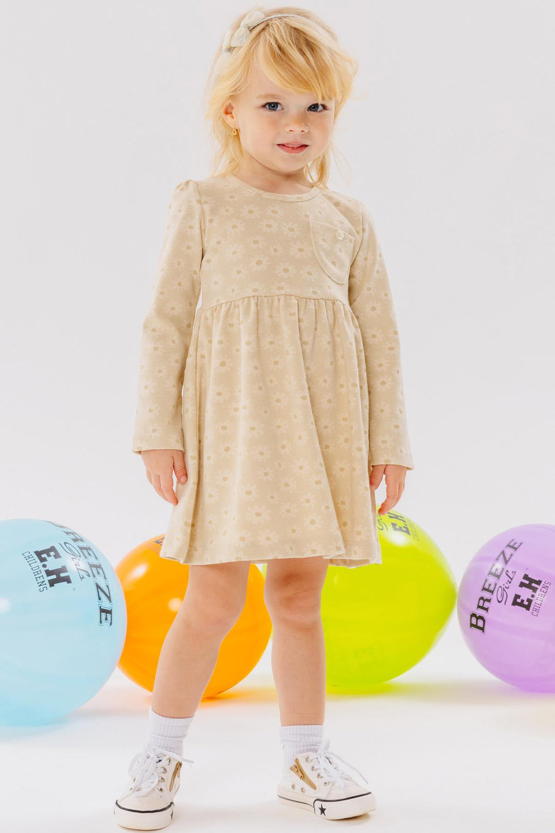 BRE Breeze Girl Child Long Sleeve Dress with Pockets Floral Patterned 1.5-5 Years, Cream - Romny